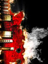 music concept with burn in fire and smoke design red electric guitar isolated on black background in dark